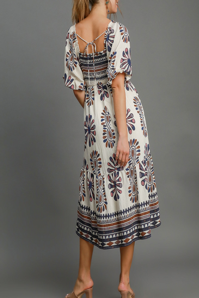 Morning Serenade Smocked Print Midi Dress