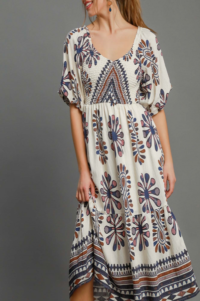 Morning Serenade Smocked Print Midi Dress