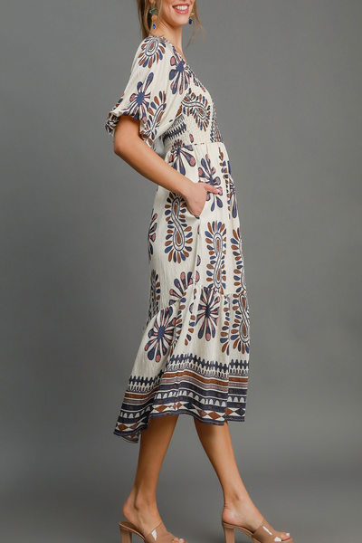 Morning Serenade Smocked Print Midi Dress