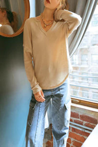At The Cabin Raw Edge Split Neck Top