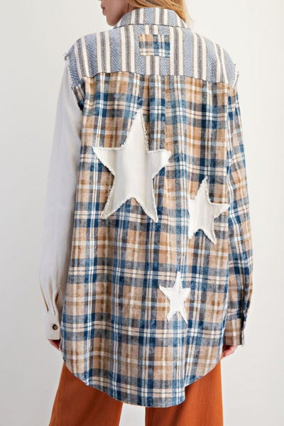 Starlight Plaid, Striped, and Star Patch Shacket