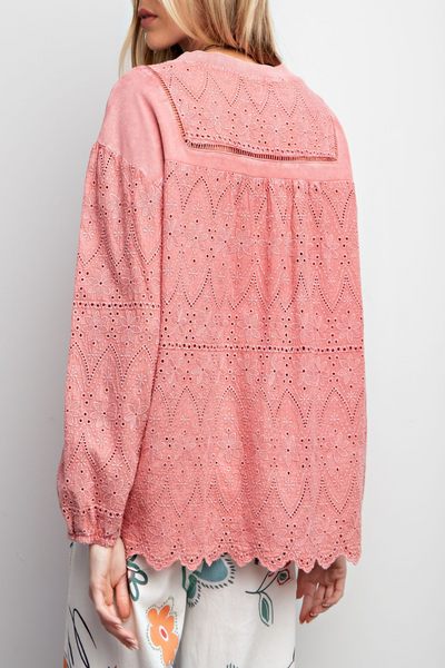Little Things Eyelet Lace Mineral Washed Pullover