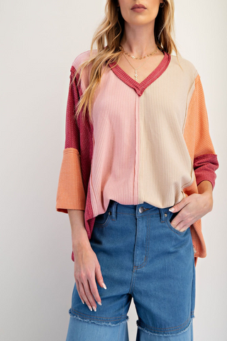 I Got You Colorblock Waffle Knit Soft Washed Top