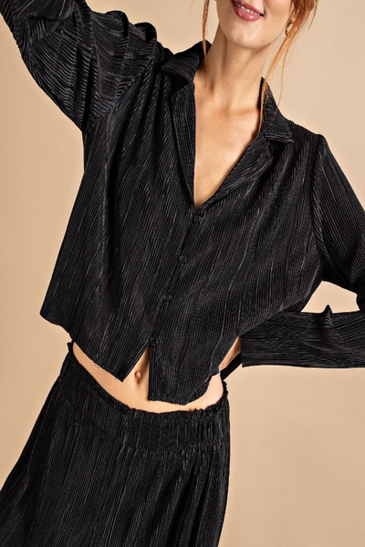 Spotless Pleated Satin Button Down Top