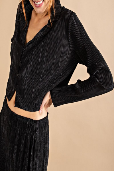 Spotless Pleated Satin Button Down Top