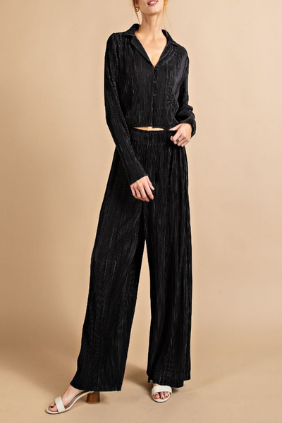 Spotless Pleated Satin Button Down Top