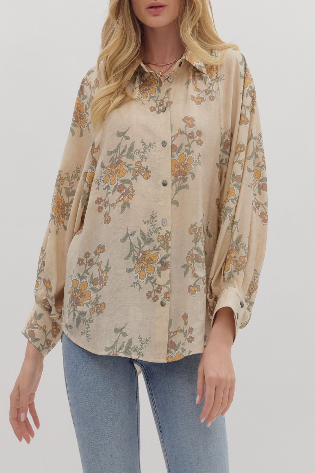 Across A Meadow Floral Print Button Down Top