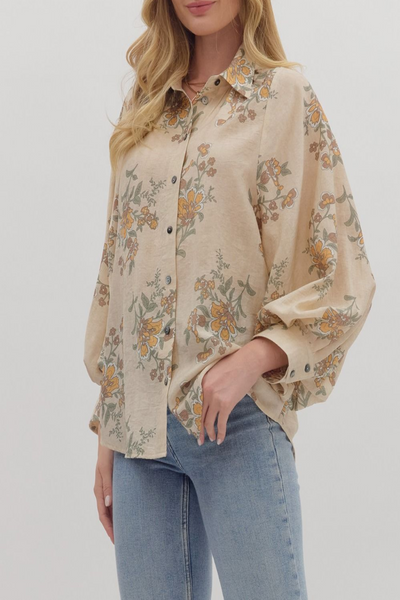 Across A Meadow Floral Print Button Down Top
