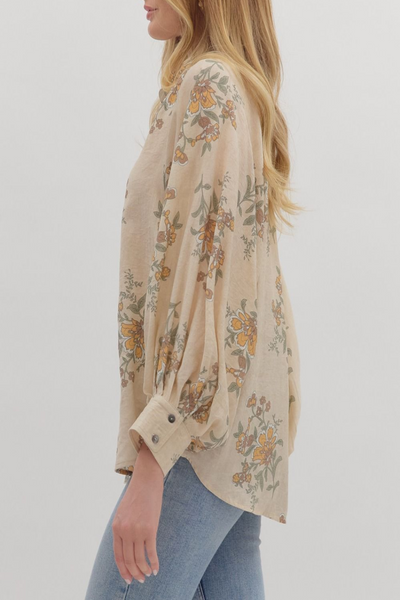 Across A Meadow Floral Print Button Down Top