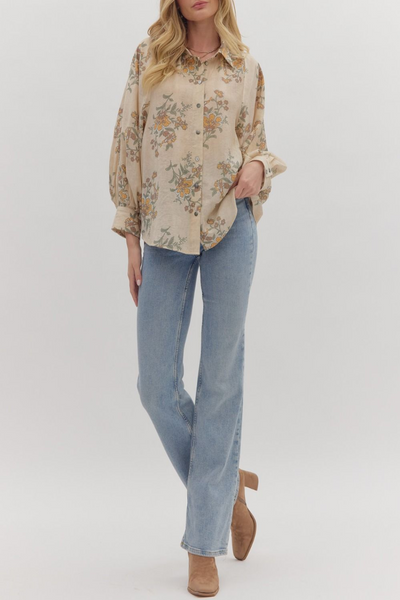 Across A Meadow Floral Print Button Down Top