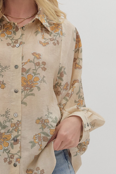 Across A Meadow Floral Print Button Down Top