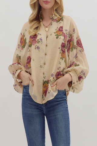 Blossom Serenade Floral Print Button Down Top