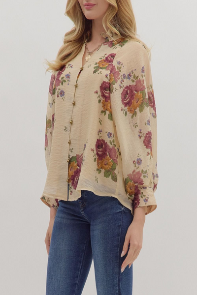 Blossom Serenade Floral Print Button Down Top