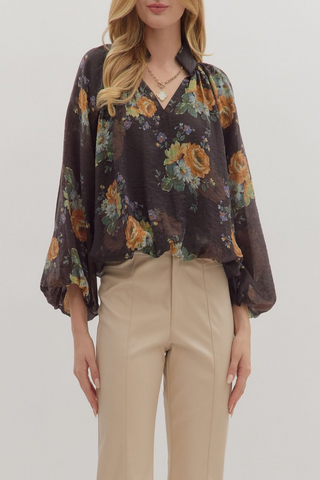 Autumn Serenade Floral Print Puff Sleeve Top