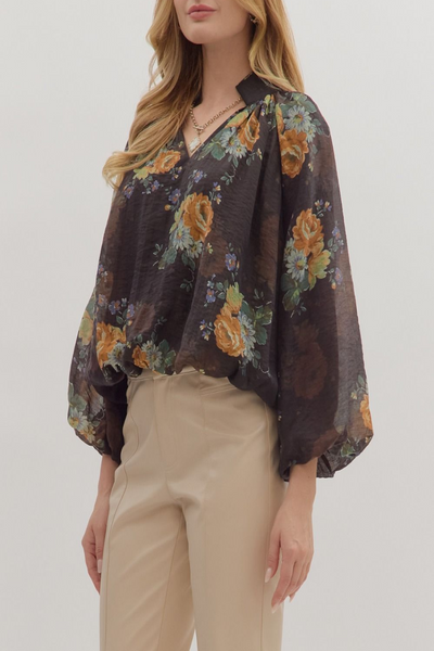 Autumn Serenade Floral Print Puff Sleeve Top