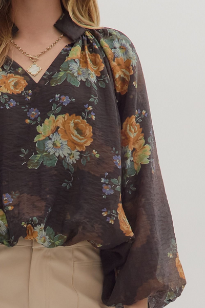 Autumn Serenade Floral Print Puff Sleeve Top