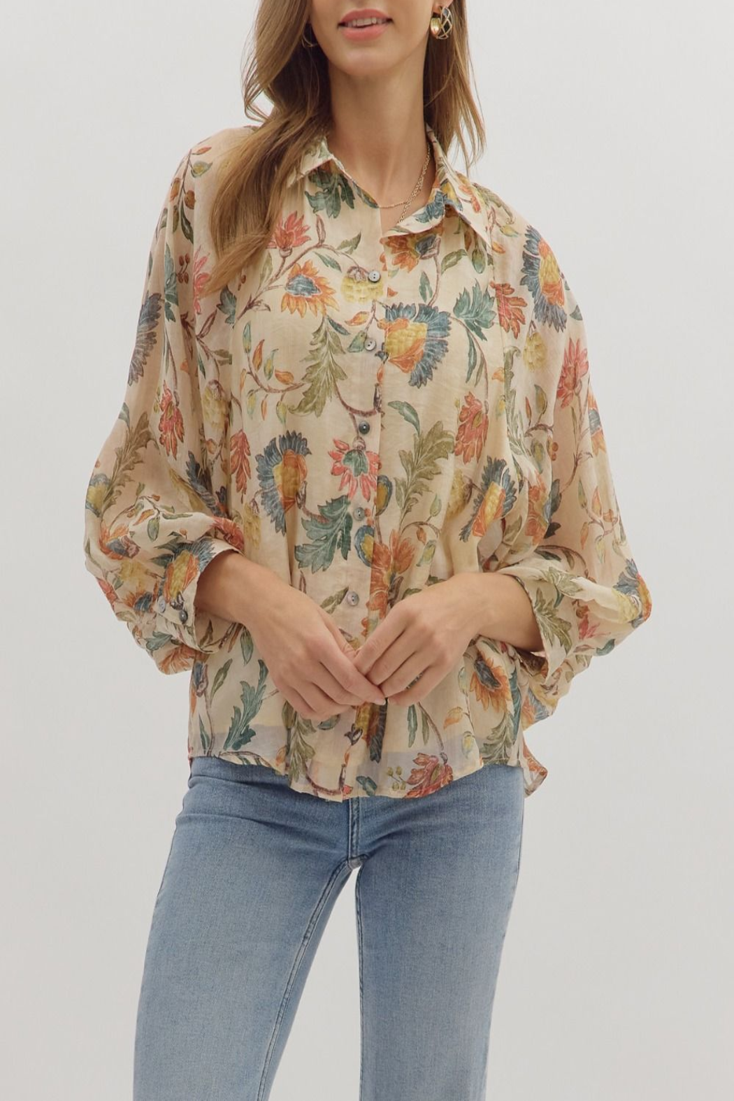 Greetings Floral Print Button Down Top