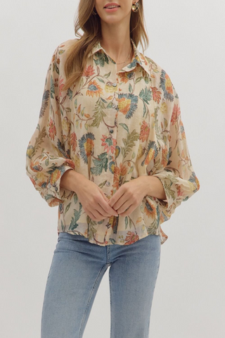Greetings Floral Print Button Down Top