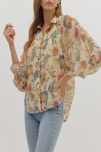 Greetings Floral Print Button Down Top