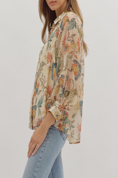 Greetings Floral Print Button Down Top