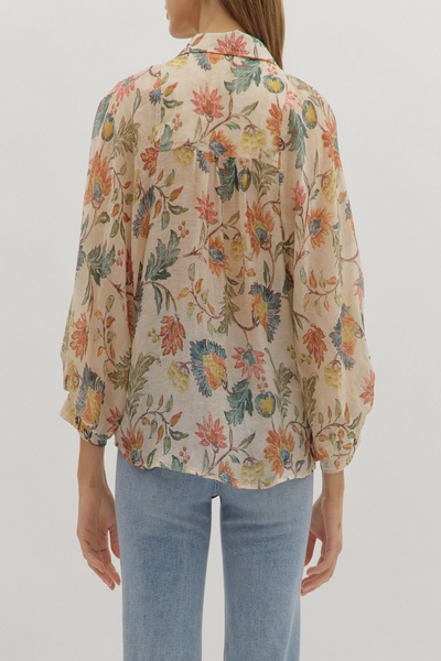 Greetings Floral Print Button Down Top