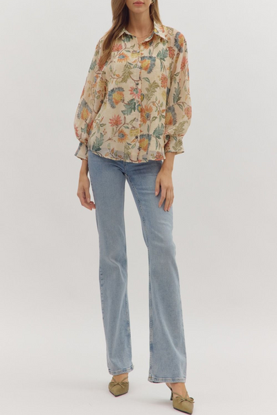 Greetings Floral Print Button Down Top