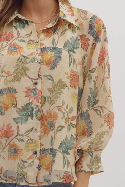 Greetings Floral Print Button Down Top