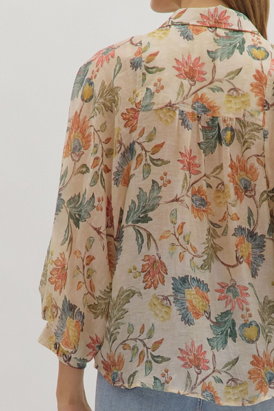 Greetings Floral Print Button Down Top
