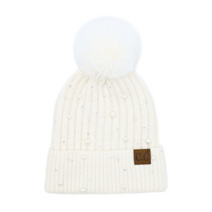 C.C Pearl Embellishment Faux Fur Pom Beanie