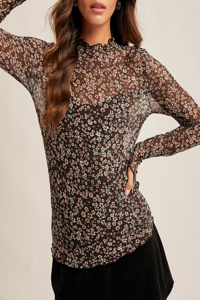 Flower Moon Floral Print Mesh Mock Neck Top