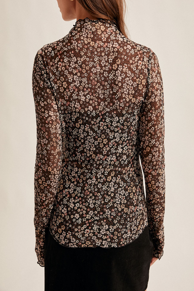 Flower Moon Floral Print Mesh Mock Neck Top