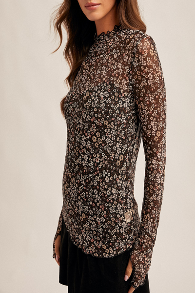 Flower Moon Floral Print Mesh Mock Neck Top