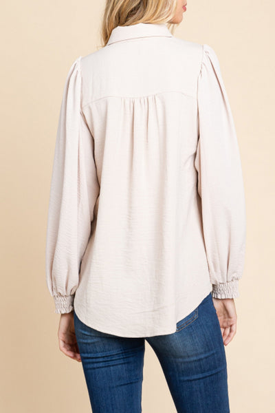 Returning Home Solid Crinkle Button Down Top