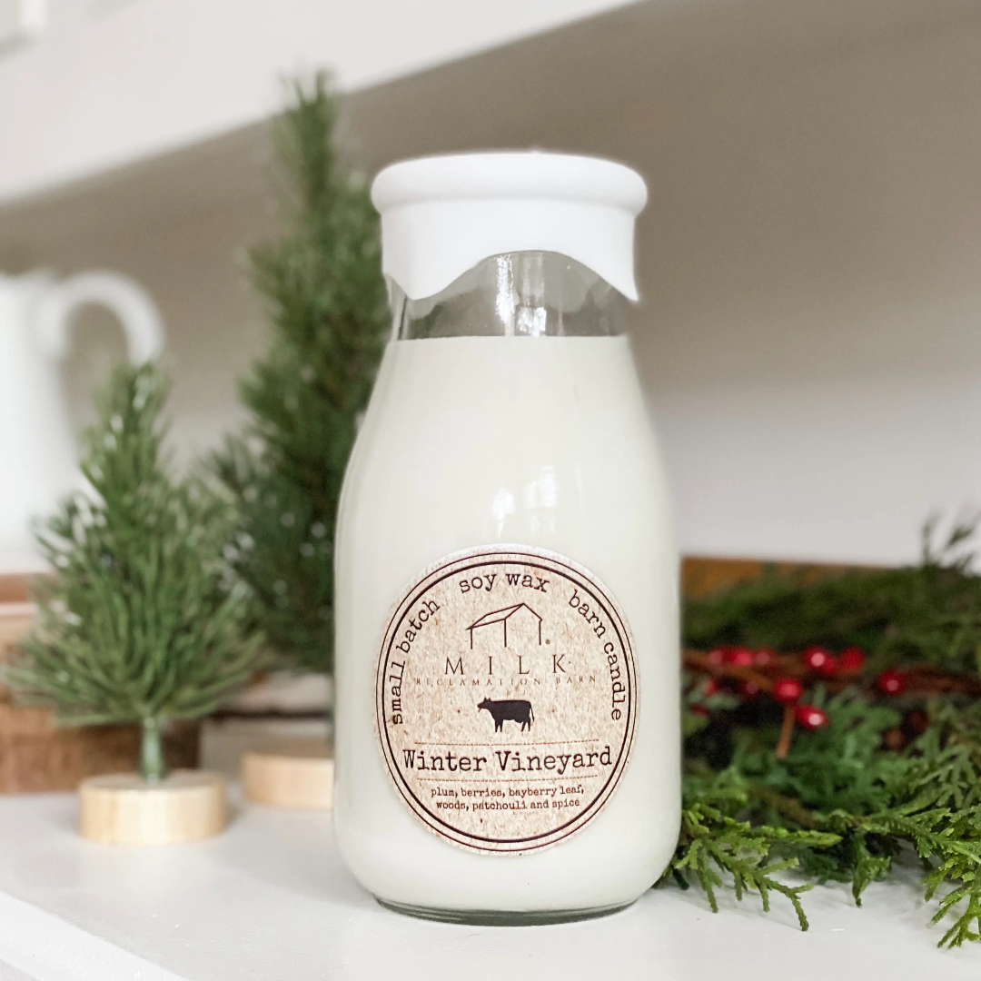 Milk Reclamation Barn Milk Bottle Candle: Winter Vineyard