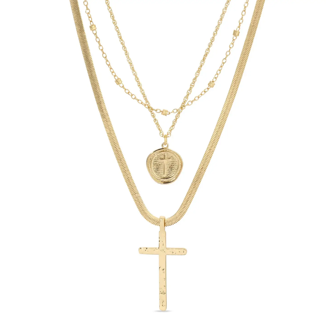 Gilded Cross Triple Layered Necklace