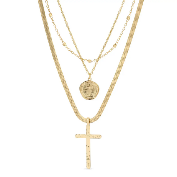 Gilded Cross Triple Layered Necklace