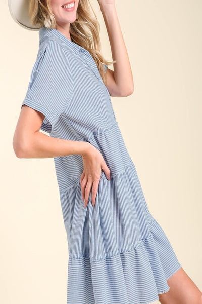 About Time Half Button Up Striped Tiered Dress