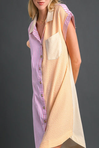 Day By Day Mixed Colorblock Button Up Striped Dress