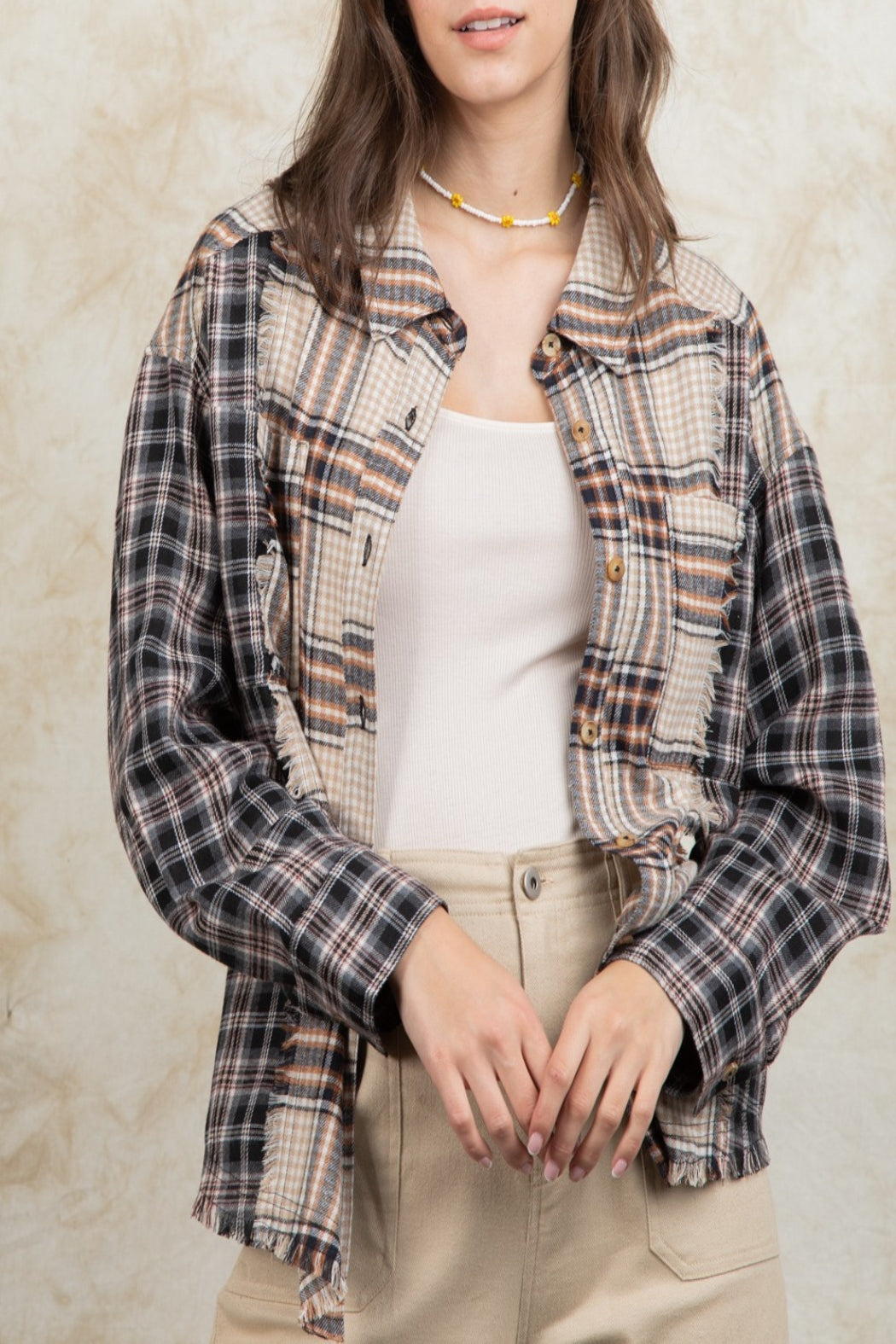 Warming Flame Contrast Plaid Button Down Top