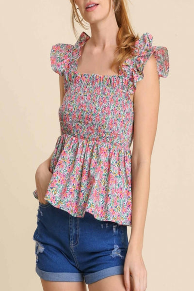 Botanical Mixed Floral Print Smocked Peplum Top