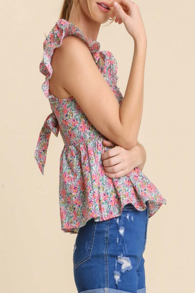 Botanical Mixed Floral Print Smocked Peplum Top