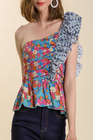 Summer Fling One Shoulder Mixed-Floral Print Poplin Top