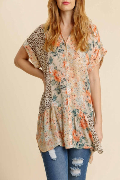 Be Sweet Mixed Print Button Down Tunic Top