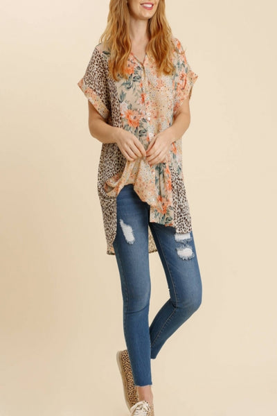 Be Sweet Mixed Print Button Down Tunic Top