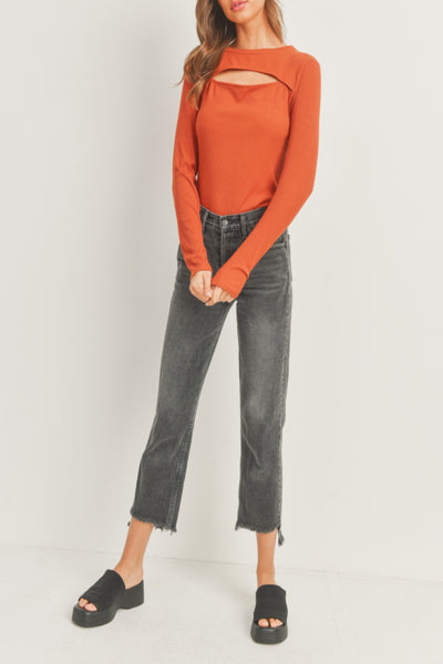 Rumor Has It  Micro Ribbed Knit Front Cutout Top