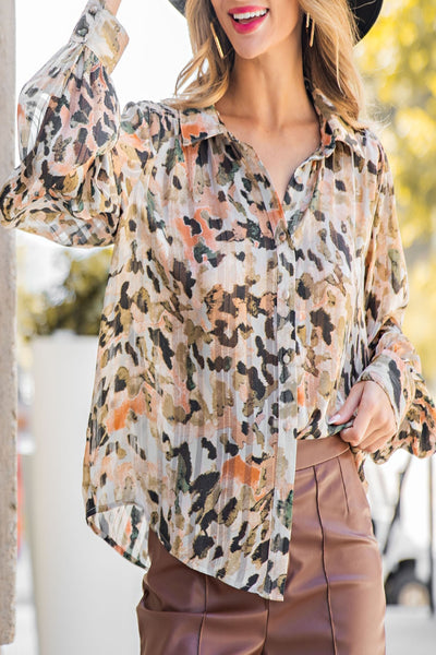 Early Autumn Watercolor Print Button Down Top
