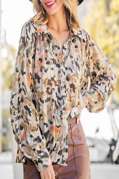 Early Autumn Watercolor Print Button Down Top