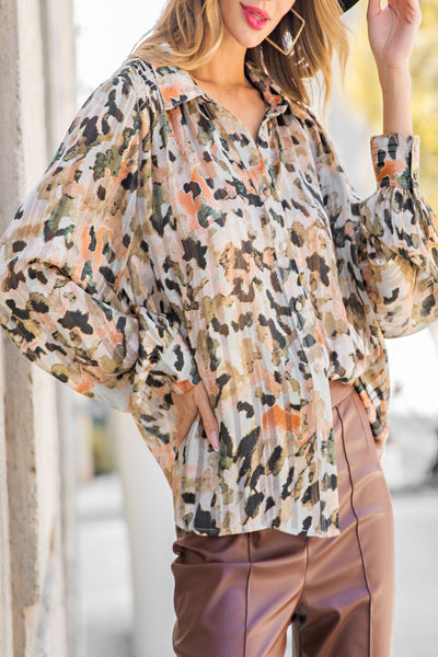 Early Autumn Watercolor Print Button Down Top