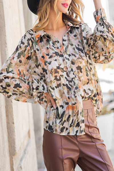 Early Autumn Watercolor Print Button Down Top