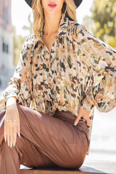 Early Autumn Watercolor Print Button Down Top